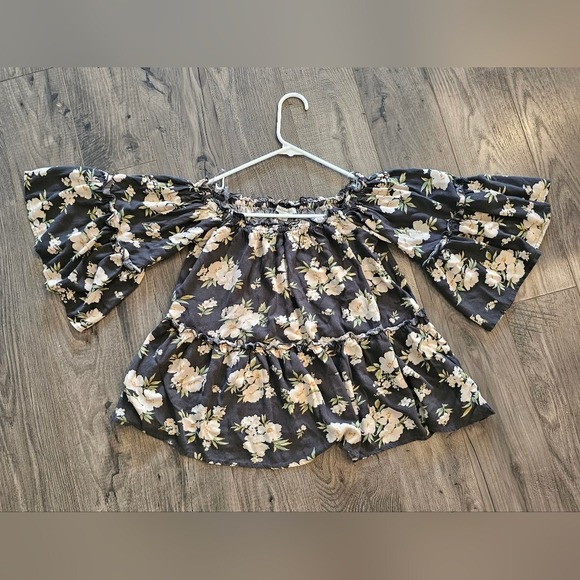 szS American Eagle Floral Off-Shoulder Peasant Top Tiered Bohemian Blouse - Picture 9 of 9